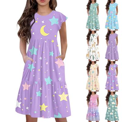Children's Skirt Round Neck Pleated Flying Sleeve Short Sleeve Princess Skirt Fashion Casual Pocket Dress For Girls