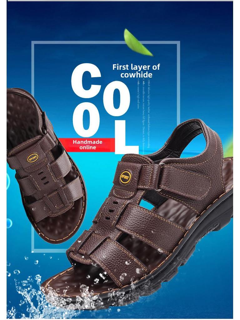 Men's Genuine Leather Non-Slip Beach Sandals - Casual, Breathable, Versatile Summer Shoes for Middle-Aged and Elderly.