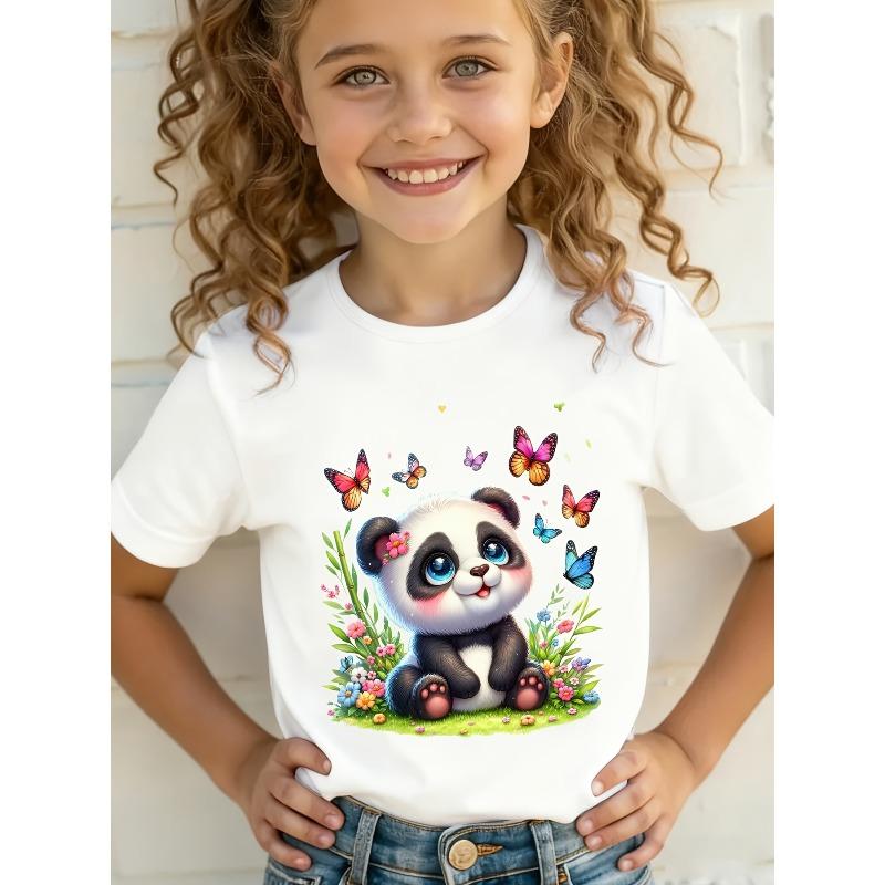 Girls Panda Butterfly Cartoon Print Crewneck Summer Short Sleeve Tee 110