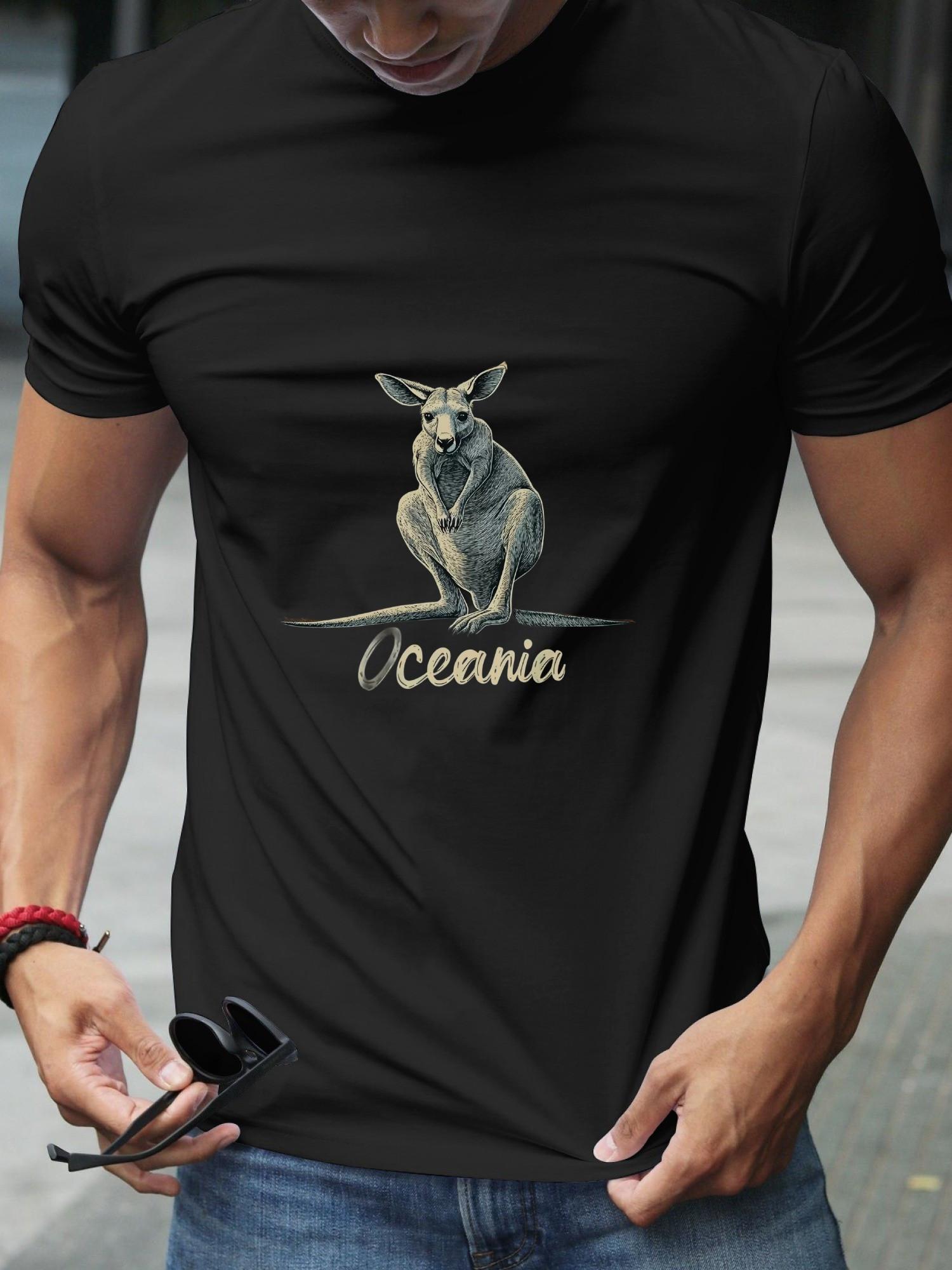 Australia Oceania Graphic T-shirt - 180g Cotton Crew Neck Short Sleeve Tee with Kangaroo  Geometric Print S