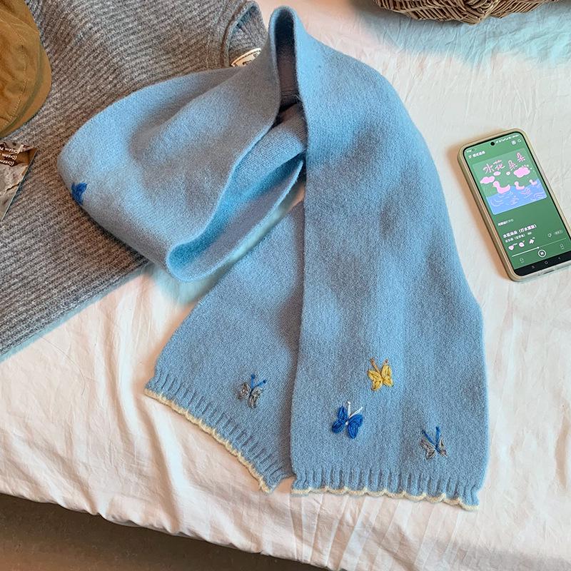 Japanese Style 3D Butterfly Embroidered Scarf - Autumn Winter Women's Knit Warm Neckwear