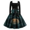 Women's Vintage Long Sleeve Square Neck Dress with Halloween Print for Party Evening Wear