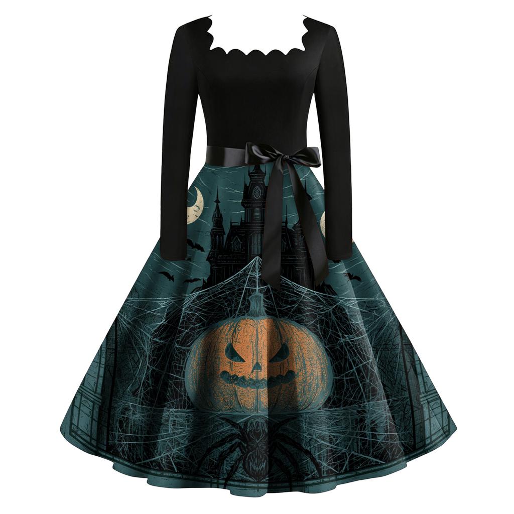 Women's Vintage Long Sleeve Square Neck Dress with Halloween Print for Party Evening Wear