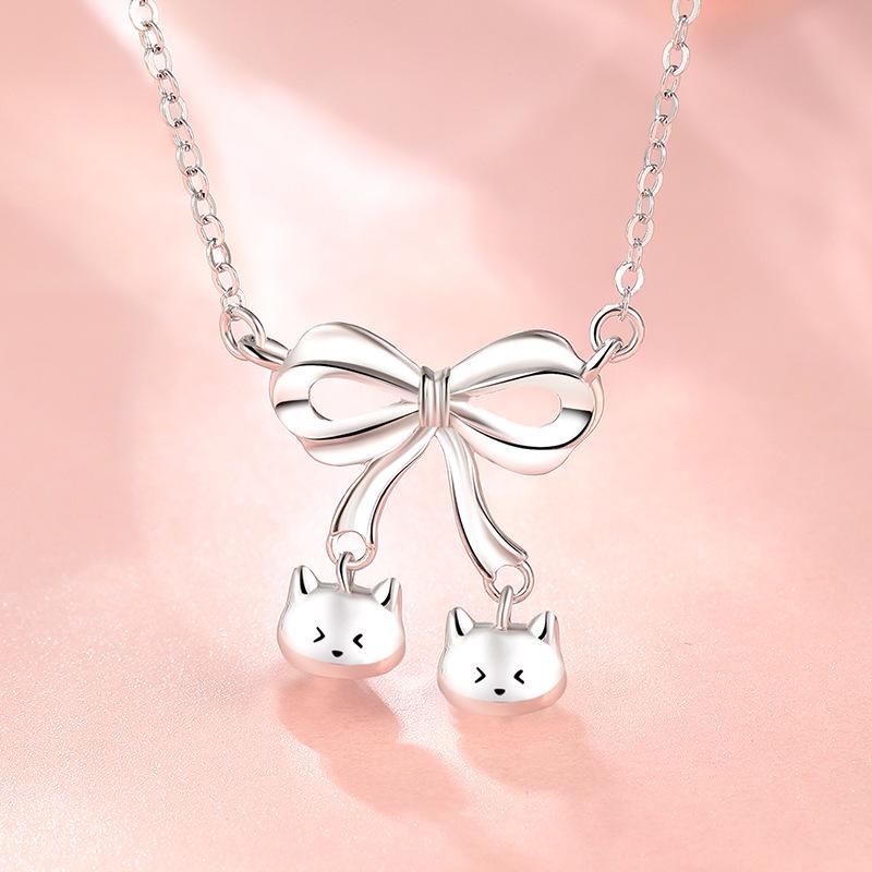 Sterling Silver Cat Bow Necklace - Cute, Lively Pendant for Best Friend Gift Pure Silver