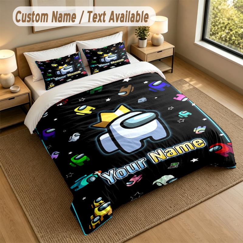 Custom Name Text Bedding 3Pcs Set,Among Us 1 Duvet Cover 2 Pillowcases Soft Bed Linen For Gift