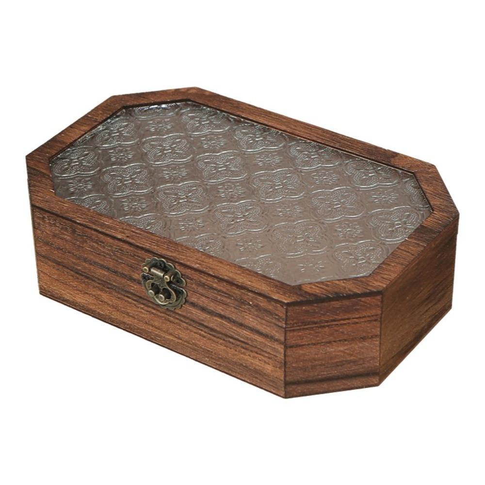

Vintage Wooden Storage Box Flip Cover Glass-Lid Box Multi-Functional Storage Cabinet Vanity Table S коричневий