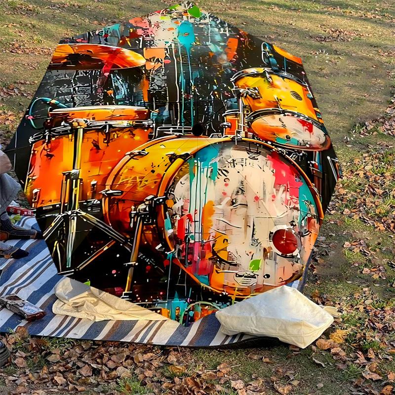 1PC Drum Set Artwork Umbrella-8-Rib Reinforced, Automatic Open, Lightweight & Durable, Cute Fashion Accessory for Outdoor-W9238