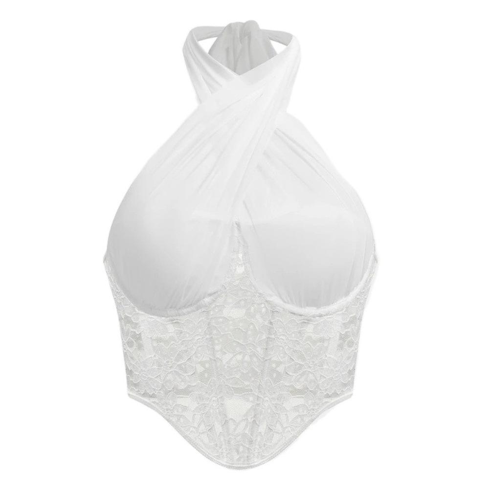 

Приталенный корсет с кружевными цветами, сетчатый топ-халтер с вырезом под горло, кроп-топ, милая кружевная майка, весна-лето L белый