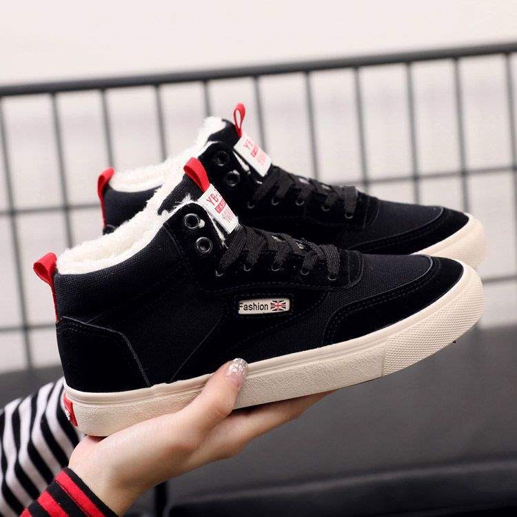 Fleece thickened high-top canvas shoes for women's winter students, Korean version of versatile flat bottom 2025 new thermal cotton shoes for women