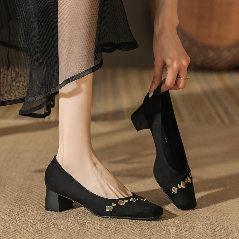 402 Spring and Summer New Light-mouth Single Shoes Women's Thick Heel Color Matching Temperament Suede Comfortable Square Head Four-season Shoes