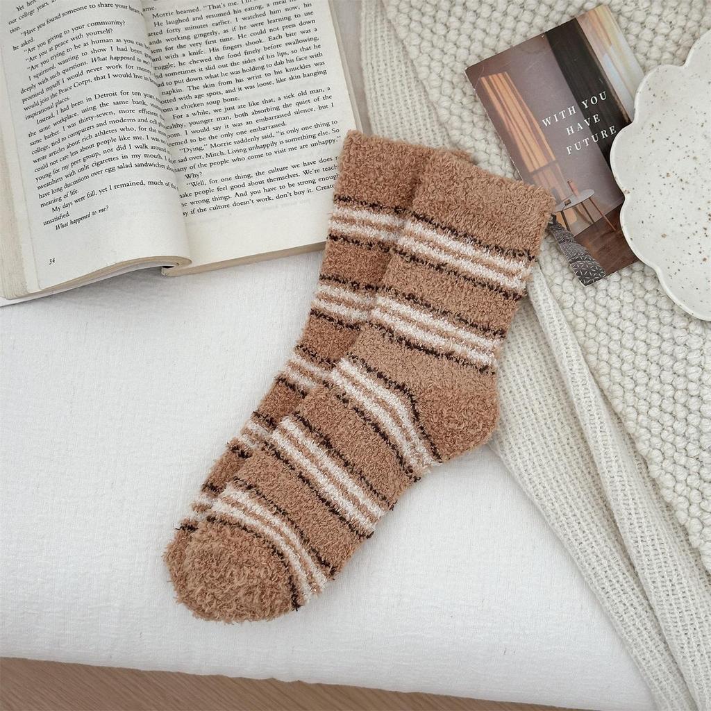 Non-Shedding Ladies Coral Fleece Striped Sleep Socks - Soft Home Slipper Socks