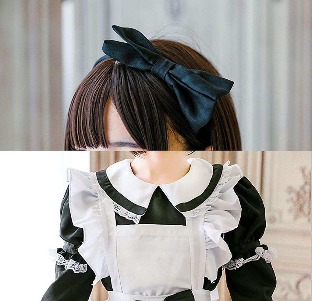 [Milky Time] Maid Outfit, Choice of Colors, Short or Long Sleeves, 2-Way Design, Maid Cosplay, Halloween (Black, Size XL)
