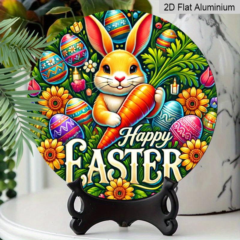 2D Flat 1pc Vintage Easter Bunny Metal Sign, Round Aluminium Door Mount Decor, 8x8 in, Farmhouse Style Wall Art for Home, Room, Street, Shop, Garage