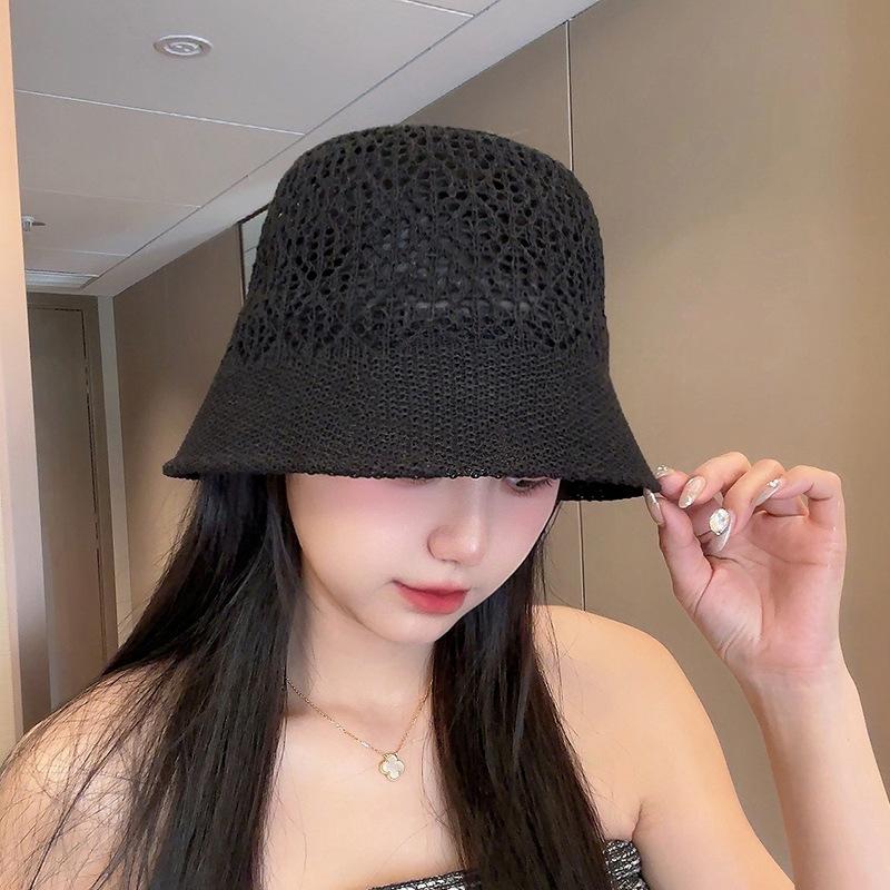 Striped Straw Woven Hollow Fisherman Hat for Women Korean Style Wide Brim Cover Face Sun Protection Hat for Spring and Summer Travel UV Bucket Hat