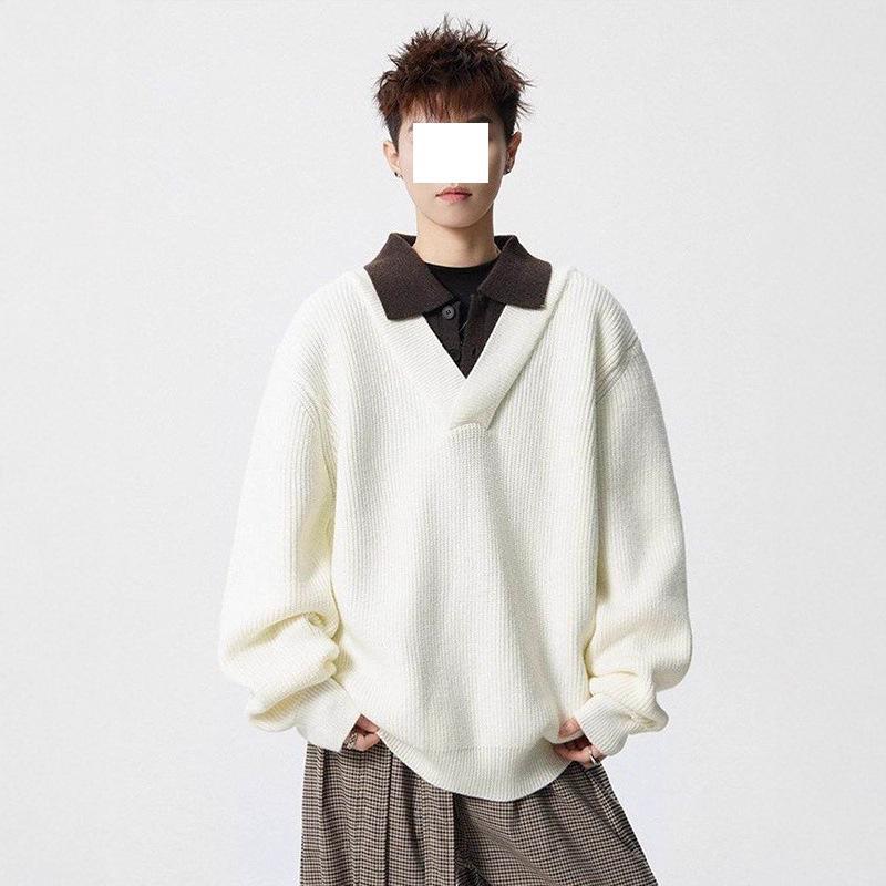 Men's American Retro Faux Two-Piece Polo Collar Sweater - Autumn/Winter Clean Fit Loose Casual Knitwear