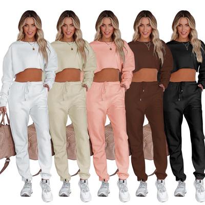 Women's Solid Color Round Neck Pullover Crop Sweatshirt & Drawstring Long Pants Set for Fall/Winter