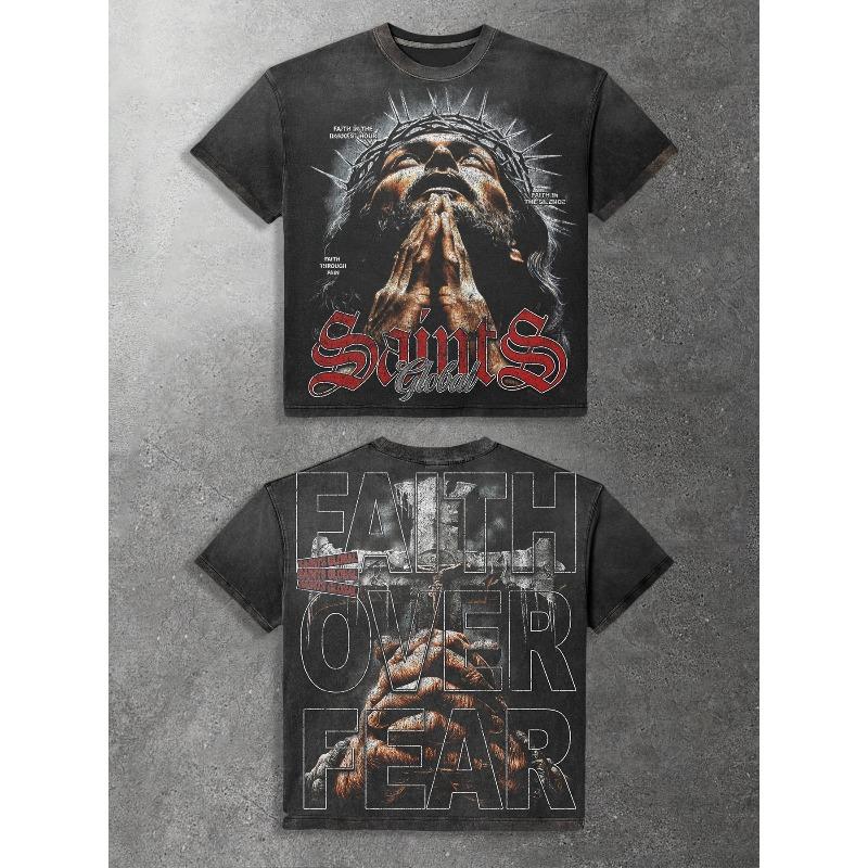 

Saints Global with Praying Figure and Faith Over Fear Men s Distressed Washed Graphic Tee - Gothic-Inspired Crew Neck Hip Hop Streetwear S чёрный