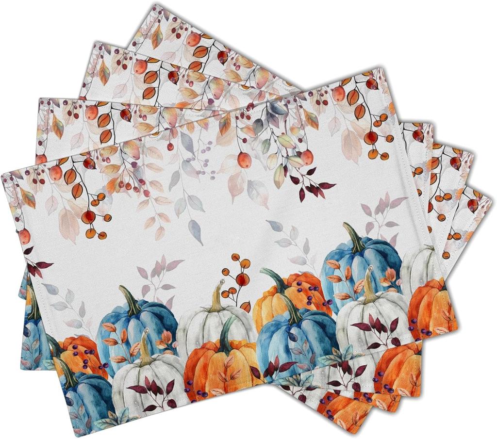Fall Pumpkins Maple Leaf Placemats Party Decor Washable Thanksgiving Autumn Harvest Kitchen Dining Table Mats Autumn Decorations