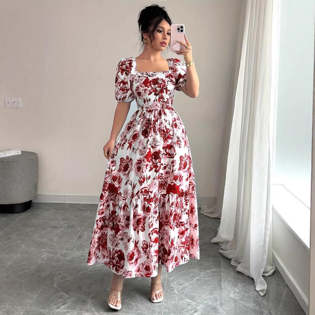 New printed puff-sleeved square collar lace-up waist elegant dress for women