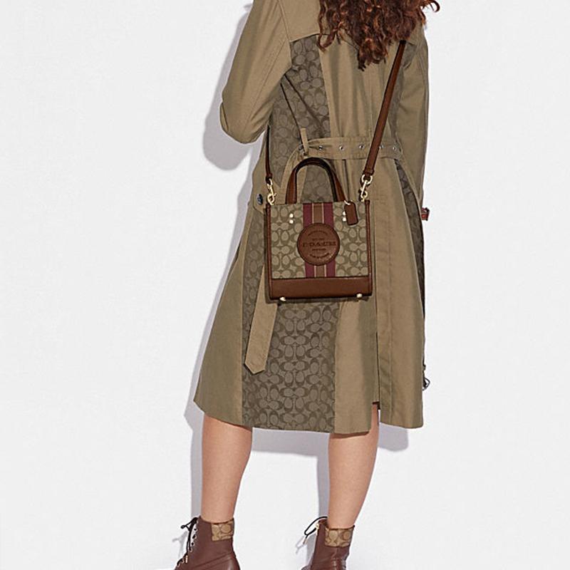 Coach Dempsey 22 Letter Logo Stripe Print Fabric And Leather Tote Bag Women Tote Bags Elephant-Gray Brown C8417-IMVGB