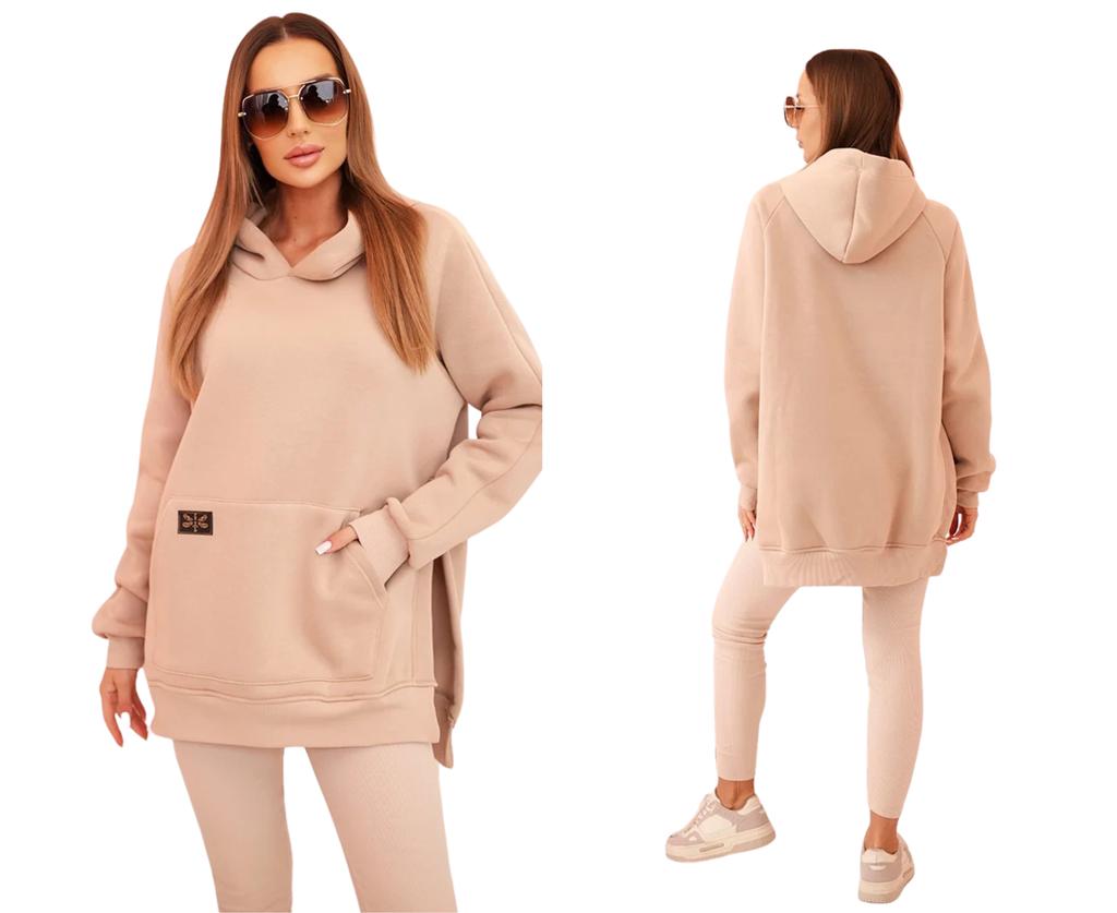Beżowy Komplet Bluza Oversize Z Kapturem + Legginsy