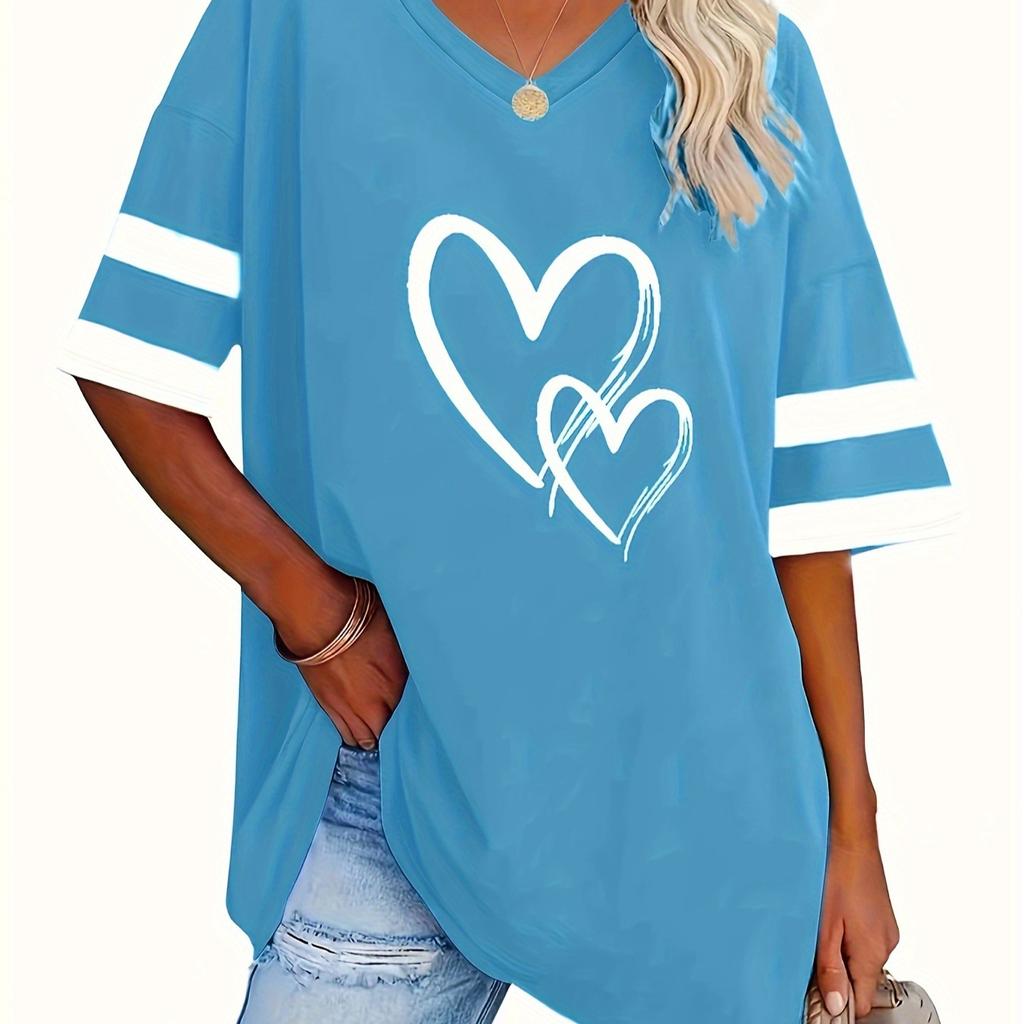 Spring and Summer New Love V-neck Printed Short Sleeved T-shirt for Women, Slimming, Breathable and Fashionable