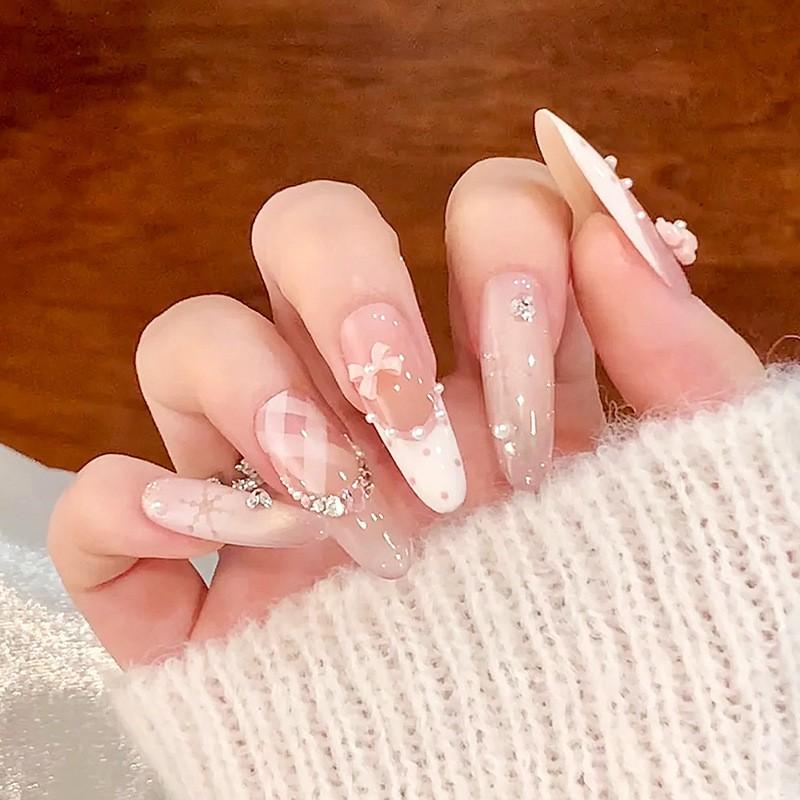 Ins Style Press On Nails Butterfly Pearl Handmade Fake Removable Women
