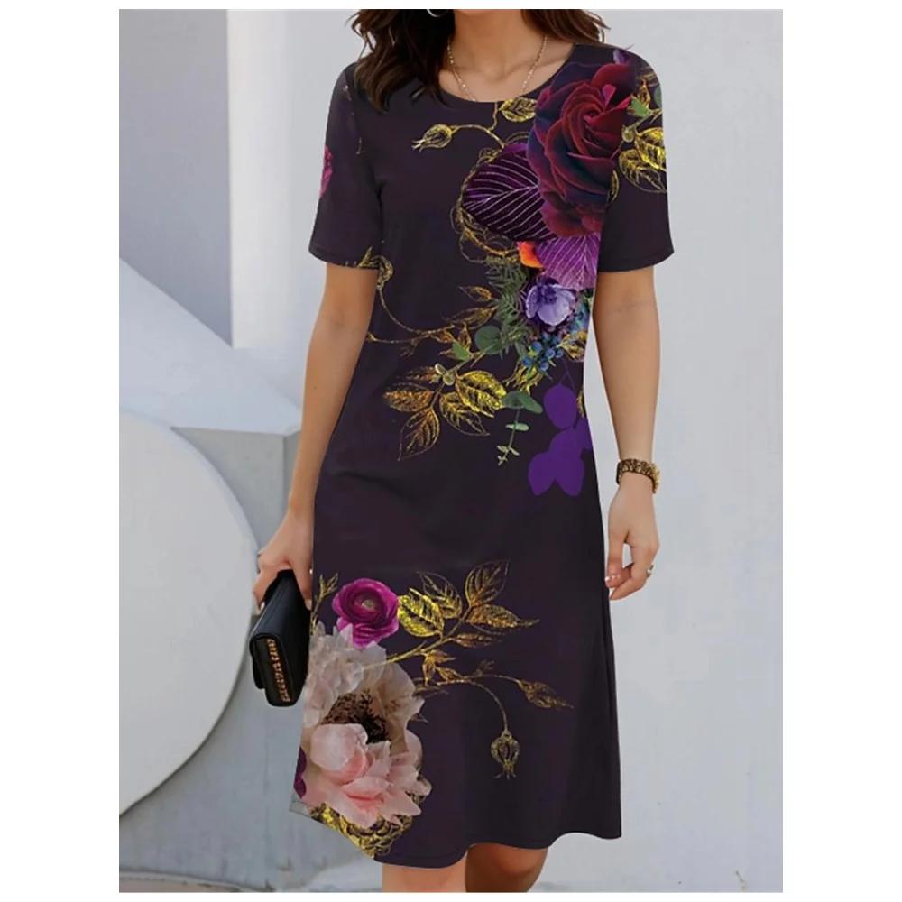 Color Conflict Women's Dress Short-sleeved Dress 3d Floral Print Party Street Wear Elegant Pullover Summer Casual Loose Dress