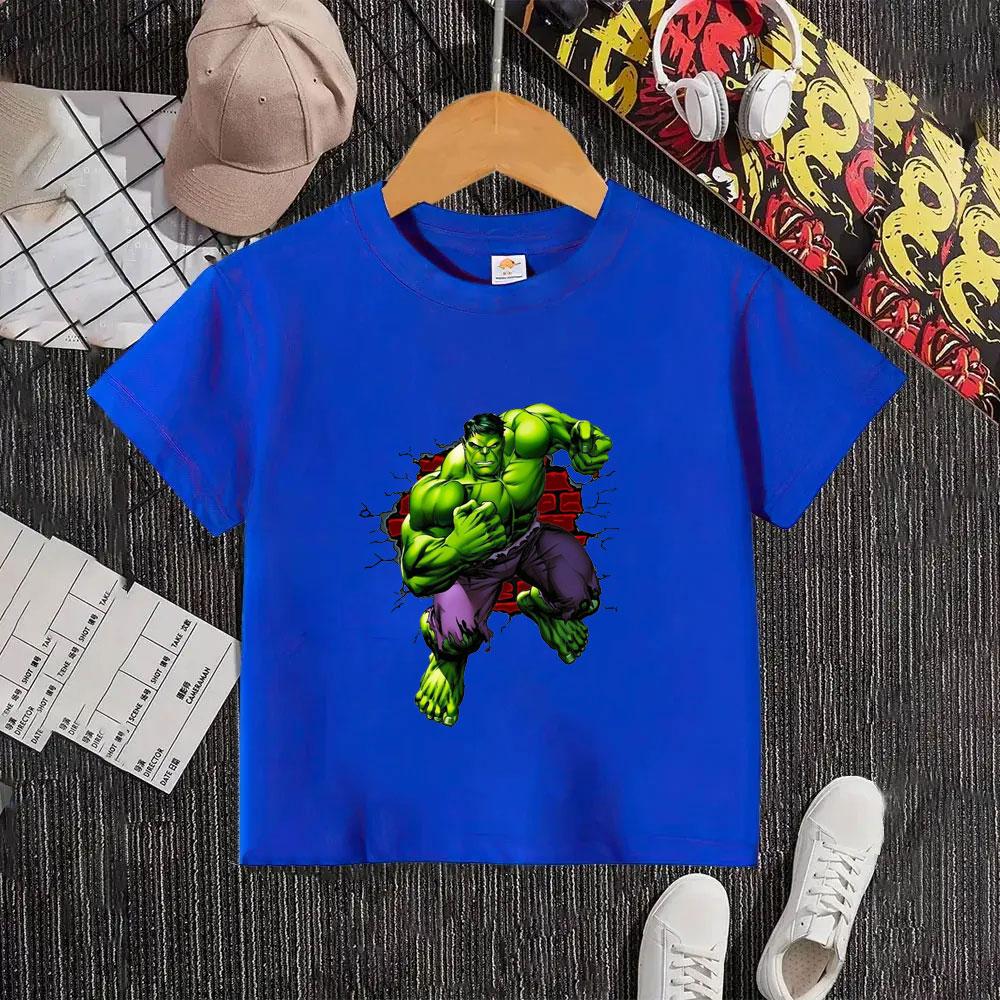 Summer Marvel Hulk Children's T-shirt  100% Cotton, Featuring Anime and Cartoon Designs, for Children's Casual Sports Wear