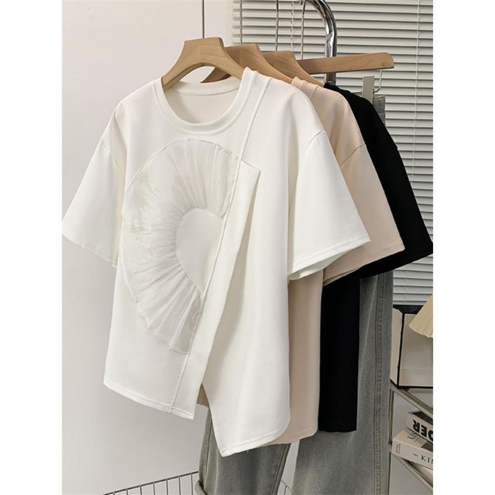 Pure Cotton Short-sleeved T-shirt for Women in Summer Slimming Irregular and Unique Shoulder Top