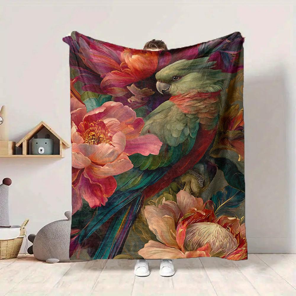 1pc Parrot Blossoms Lightweight Flannel Blanket, Comfortable and Warm Blanket, for Office and Camping Sofa Bed, Livingroom138