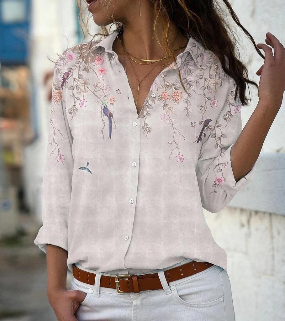 Women's Fashion Casual Printed Button Lapel Long Sleeved Shirt Top Blouse