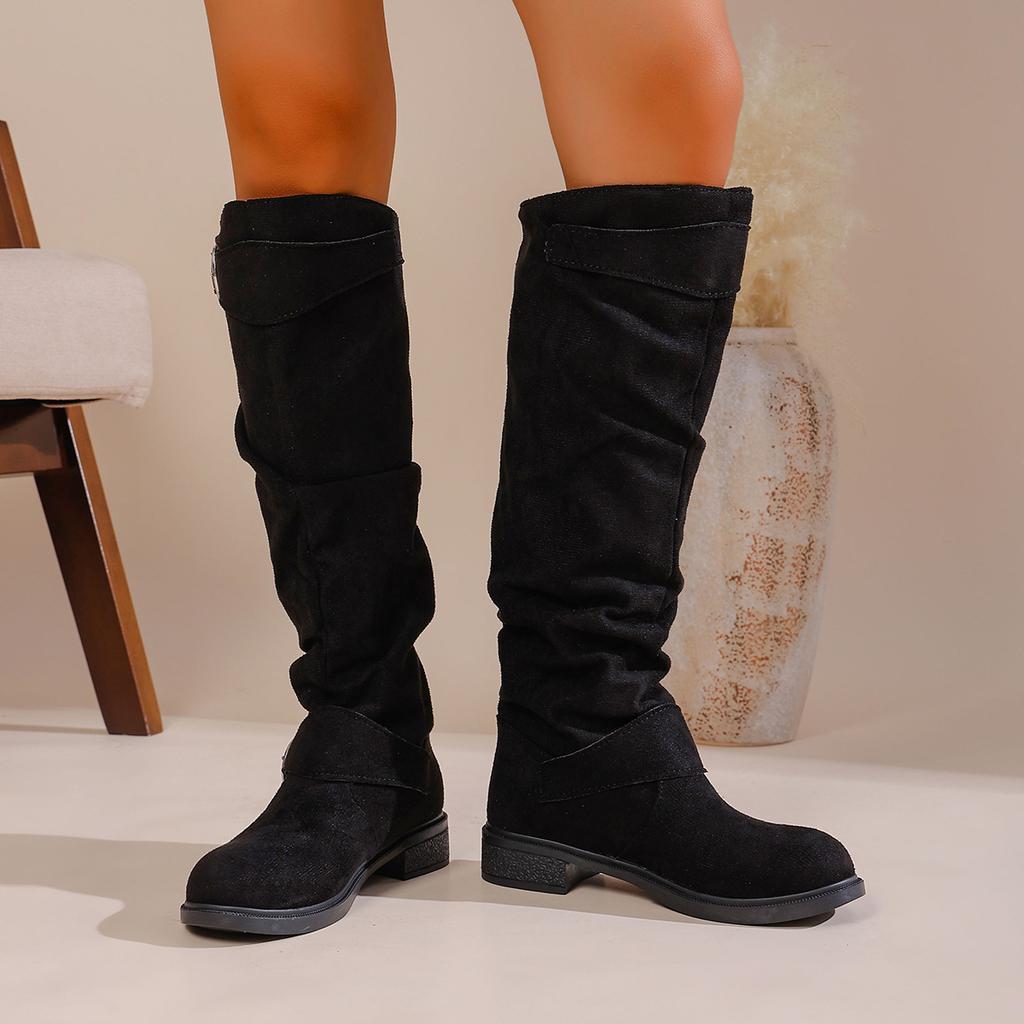 Plus Size Stacked Boots Women,Wrinkle Boots with Block Heel for Women