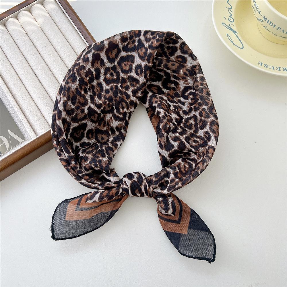 55 Leopard Print Cotton And Linen Silk Scarf Women'S Small Square Scarf Neck Protection Headscarf Decorative Scarf Fashionable Foreign Style Scarf