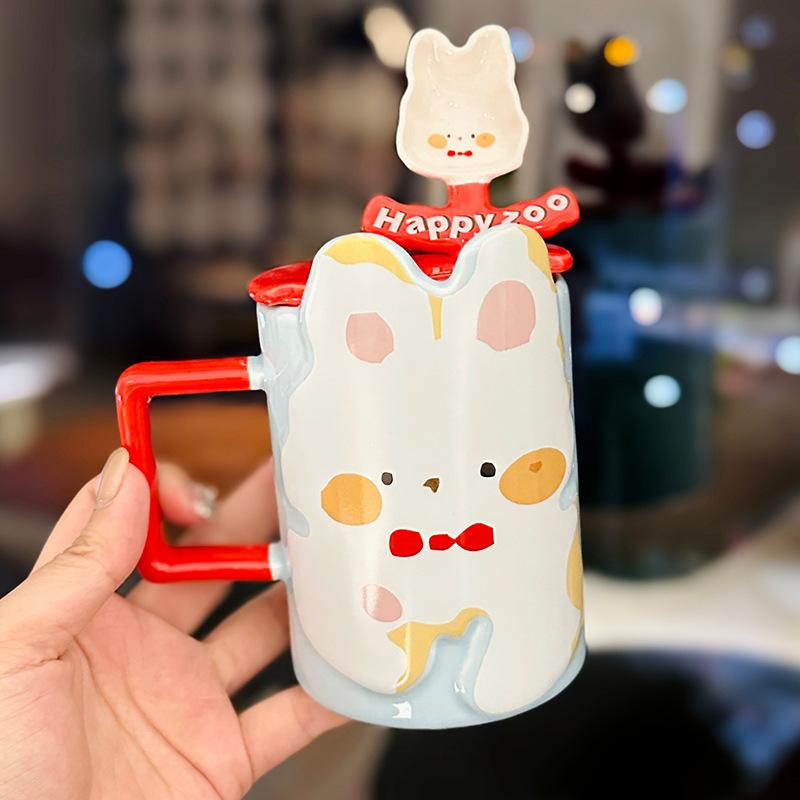 Cute Cartoon Three-Dimensional Bear Rabbit Ceramic Mug With Lid Spoon High-Value Office Coffee Cup Souvenir