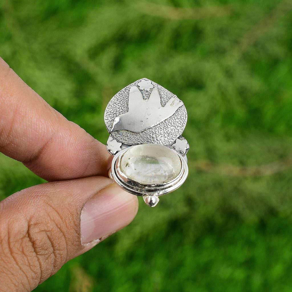 Natural Moonstone Gemstone Stackable Bird White Adjustable Ring 925 Silver