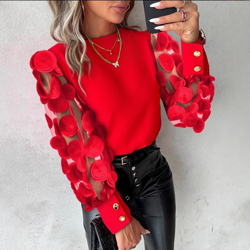 Mode Kant Bloemige Tops Blouses Dames Lange Mouw Elegante Ronde Hals Los Shirt Blouse Casual Shirts Lente Zomer Dames Top