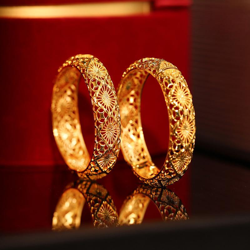 Chinese Dragon & Phoenix Retro Gold Bangle for Bride Xiuhe Dress