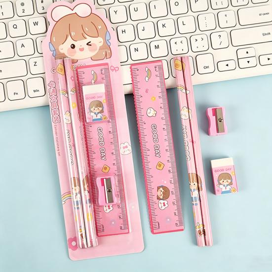 Student Stationery Set Smooth Writing Pencil Eraser Ruler Sharpener Cute Cartoon Complete School Supplies Classroom Back To School Gifts
