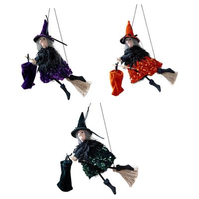 Halloween Hanging Witch On Broom Decoration Indoor Outdoor Doll Figure Flying Witch Wall Decor for Bar Porch Window Tree Home