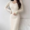 Elegant V-Neck Long Sleeve Knit Midi Dress High Waist Bodycon Fit Women 2026
