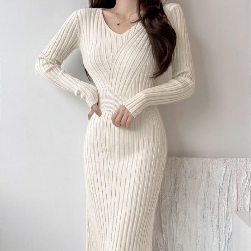 Elegant V-Neck Long Sleeve Knit Midi Dress High Waist Bodycon Fit Women 2026