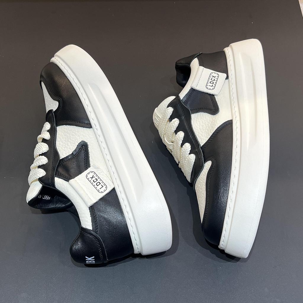 Autumn 2025 Men's Genuine Leather White Sneakers: British Style, Thick Sole, Casual, High-End Fashion
