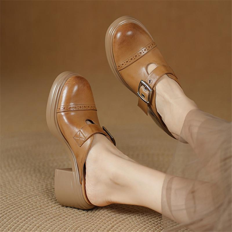 Fashion New Summer Slippers Genuine Leather Slippers for Women Fashion Brogue Mules Round Toe High Heels Cover Toe Slippers Sandals