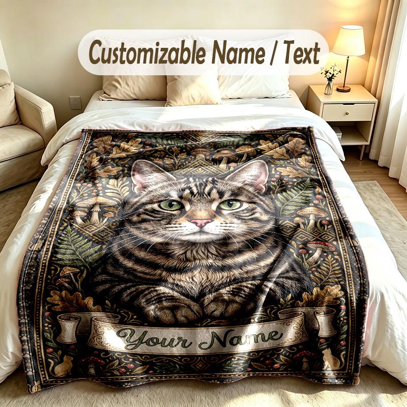 Cat Theme Soft Blanket Personalized Custom Name Text Print Warm Blanket Home Sofa Bedroom Decor