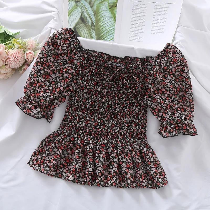 Women's Puff Sleeve Chiffon Shirt Off Shoulder Square Neck T-Shirt Slim Fit Women's Floral Top  Womens Blouses