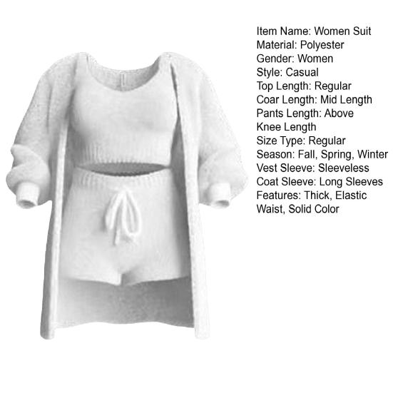 3 Pcs/Set V Neck Set Long Shorts Coat Sleeve Thick Coat Women Vest Sleeveless Top Drawstring