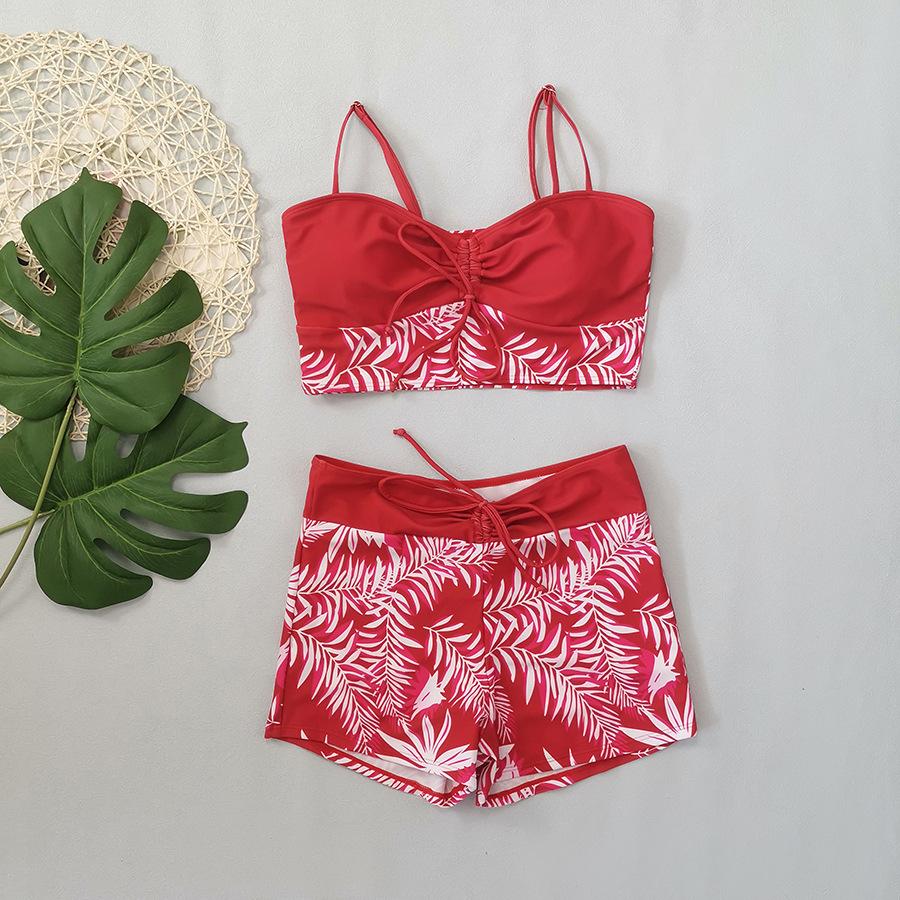 High waist flat angle strap print solid color splicing print large size swimsuit