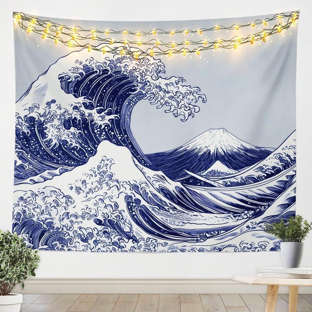 Japanese Wave Tapestry Kids Ocean Wave Sunset Wall Hanging For Boys Girls Teens Japanese Ukiyoe Mount Wall Blanket Sea Waves