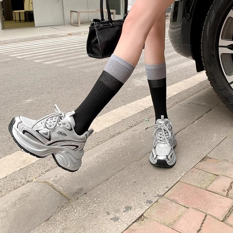 [White Deer Tong] CCGG Shining Galaxy Spring Daddy Shoes Women's Platform Silver Sneakers